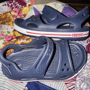 CROCS Crocband II Sandals Toddler 7 Navy White Red Kids C8 Open Toe Water Shoes